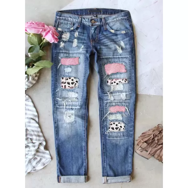 imageAstylish Womens Plaid Patch Ripped Boyfriend Distressed Stretch Skinny Denim Jeans with HoleB 09