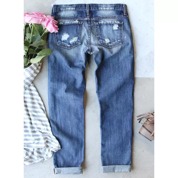 imageAstylish Womens Plaid Patch Ripped Boyfriend Distressed Stretch Skinny Denim Jeans with HoleB10 Blue