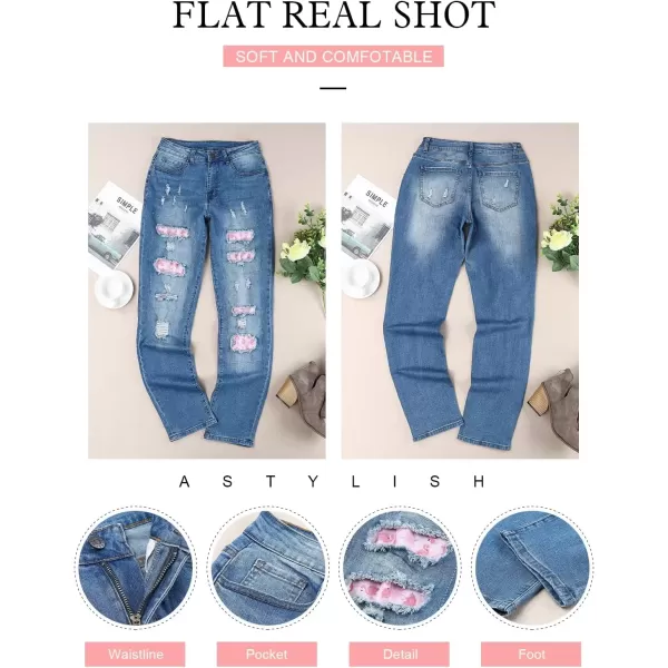 imageAstylish Womens Plaid Patch Ripped Boyfriend Distressed Stretch Skinny Denim Jeans with HoleB10 Blue