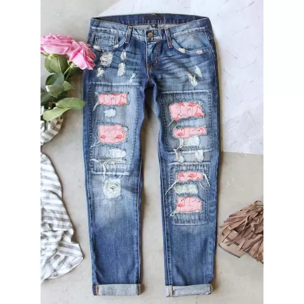 imageAstylish Womens Plaid Patch Ripped Boyfriend Distressed Stretch Skinny Denim Jeans with HoleB10 Blue