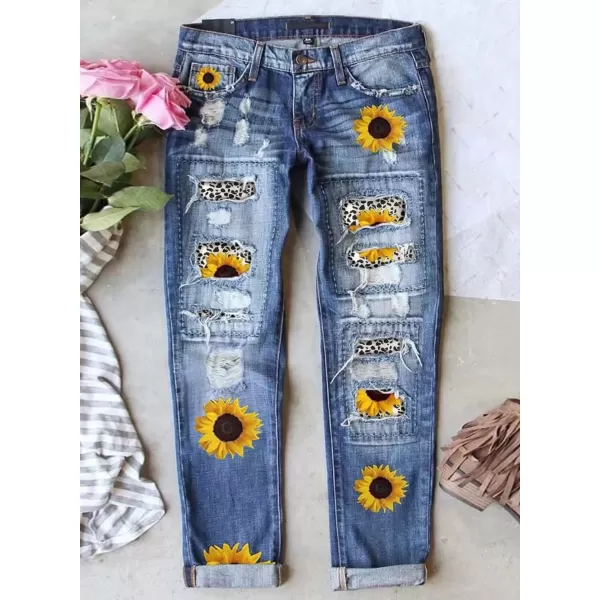 imageAstylish Womens Plaid Patch Ripped Boyfriend Distressed Stretch Skinny Denim Jeans with HoleBlue