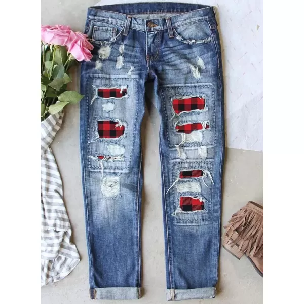 imageAstylish Womens Plaid Patch Ripped Boyfriend Distressed Stretch Skinny Denim Jeans with HoleE01 Blue