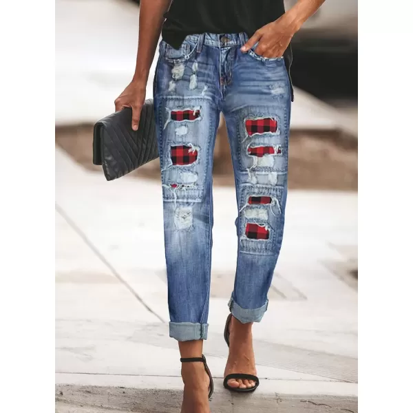 imageAstylish Womens Plaid Patch Ripped Boyfriend Distressed Stretch Skinny Denim Jeans with HoleE01 Blue
