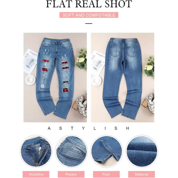 imageAstylish Womens Plaid Patch Ripped Boyfriend Distressed Stretch Skinny Denim Jeans with HoleE01 Blue
