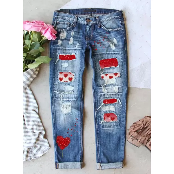 imageAstylish Womens Plaid Patch Ripped Boyfriend Distressed Stretch Skinny Denim Jeans with HoleF12 Heart