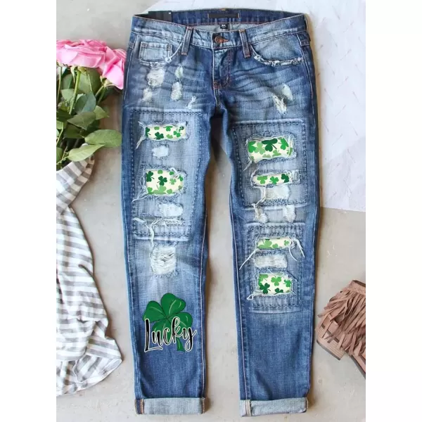 imageAstylish Womens Plaid Patch Ripped Boyfriend Distressed Stretch Skinny Denim Jeans with HoleF13 Shamrock