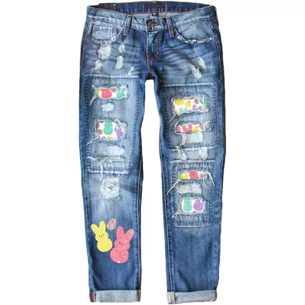 imageAstylish Womens Plaid Patch Ripped Boyfriend Distressed Stretch Skinny Denim Jeans with HoleF14 Bunny Eggs