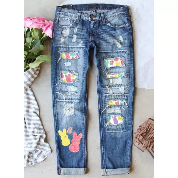 imageAstylish Womens Plaid Patch Ripped Boyfriend Distressed Stretch Skinny Denim Jeans with HoleF14 Bunny Eggs