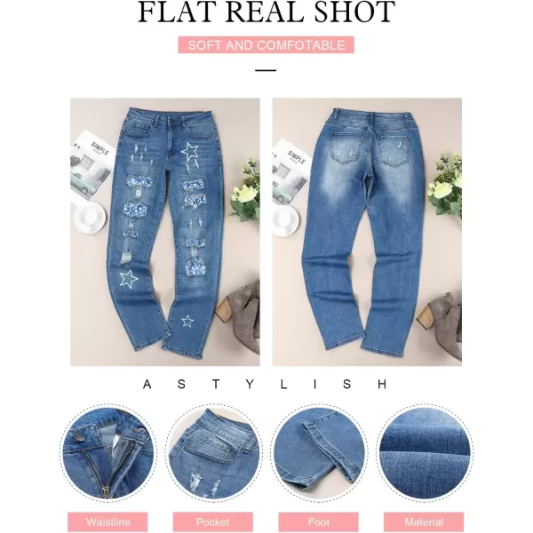 imageAstylish Womens Plaid Patch Ripped Boyfriend Distressed Stretch Skinny Denim Jeans with HoleG07 Blue
