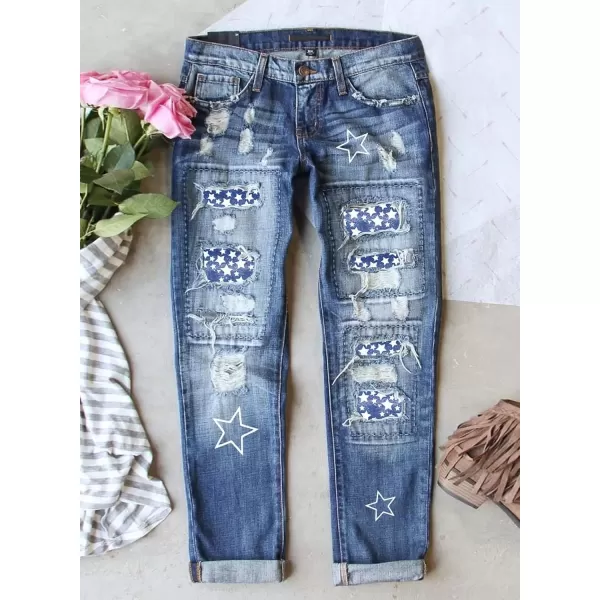 imageAstylish Womens Plaid Patch Ripped Boyfriend Distressed Stretch Skinny Denim Jeans with HoleG07 Blue