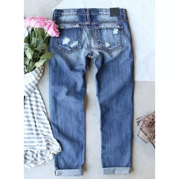 imageAstylish Womens Plaid Patch Ripped Boyfriend Distressed Stretch Skinny Denim Jeans with HoleG11 Blue