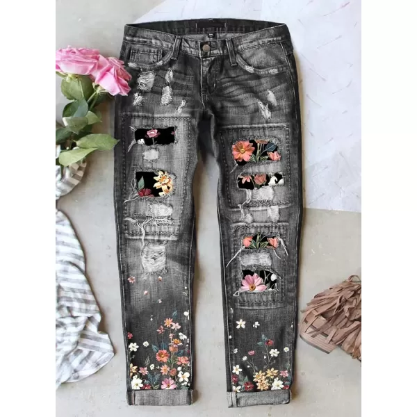 imageAstylish Womens Plaid Patch Ripped Boyfriend Distressed Stretch Skinny Denim Jeans with HoleG11 Cblack