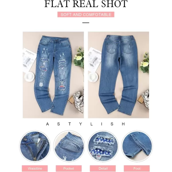 imageAstylish Womens Plaid Patch Ripped Boyfriend Distressed Stretch Skinny Denim Jeans with HoleG12 Blue