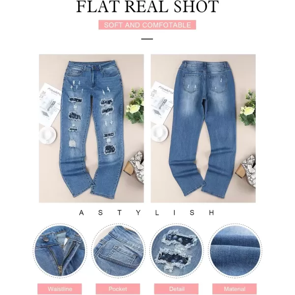 imageAstylish Womens Plaid Patch Ripped Boyfriend Distressed Stretch Skinny Denim Jeans with HoleG13 Blue
