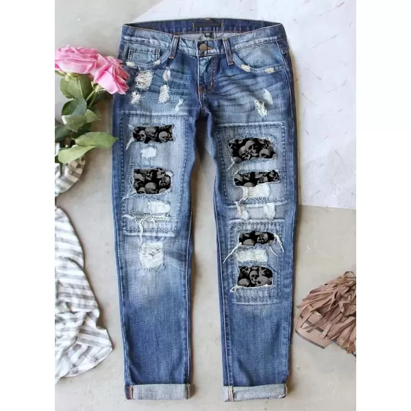 imageAstylish Womens Plaid Patch Ripped Boyfriend Distressed Stretch Skinny Denim Jeans with HoleG13 Blue