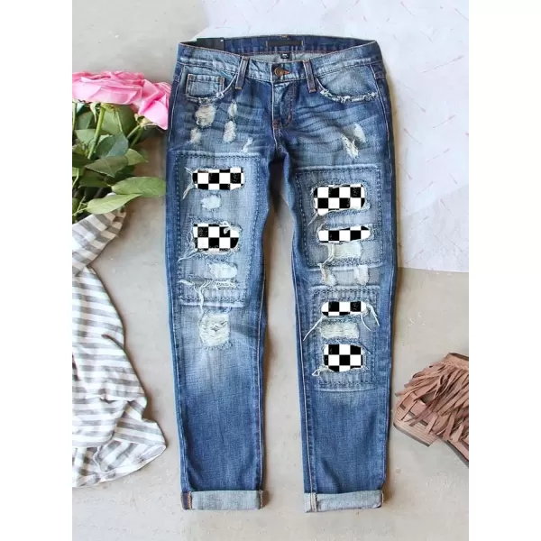 imageAstylish Womens Plaid Patch Ripped Boyfriend Distressed Stretch Skinny Denim Jeans with HoleG15 Blue