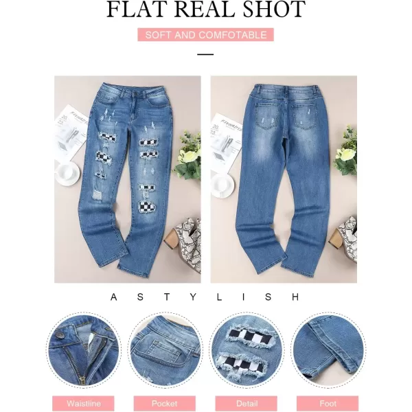 imageAstylish Womens Plaid Patch Ripped Boyfriend Distressed Stretch Skinny Denim Jeans with HoleG15 Blue