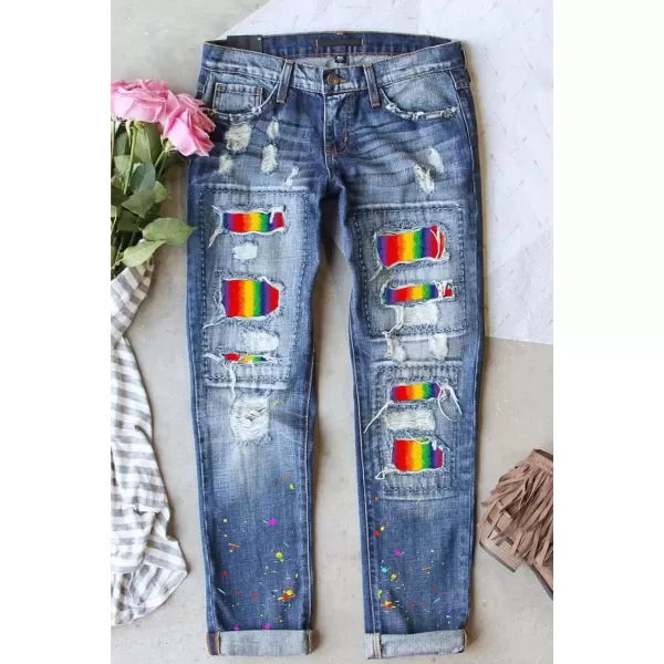 imageAstylish Womens Plaid Patch Ripped Boyfriend Distressed Stretch Skinny Denim Jeans with HoleG16 Blue