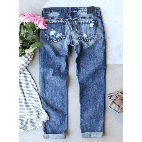 imageAstylish Womens Plaid Patch Ripped Boyfriend Distressed Stretch Skinny Denim Jeans with HoleG17 Blue