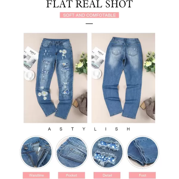 imageAstylish Womens Plaid Patch Ripped Boyfriend Distressed Stretch Skinny Denim Jeans with HoleG17 Blue