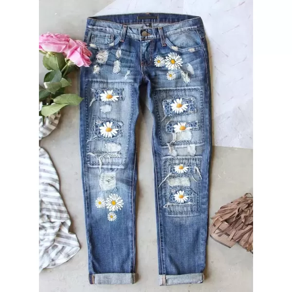 imageAstylish Womens Plaid Patch Ripped Boyfriend Distressed Stretch Skinny Denim Jeans with HoleG17 Blue