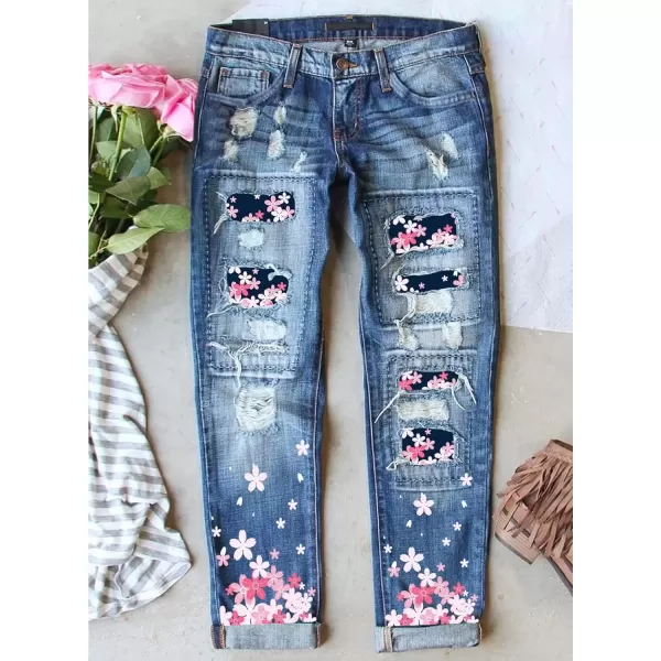 imageAstylish Womens Plaid Patch Ripped Boyfriend Distressed Stretch Skinny Denim Jeans with HoleG18 Blue
