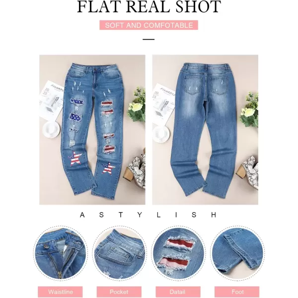 imageAstylish Womens Plaid Patch Ripped Boyfriend Distressed Stretch Skinny Denim Jeans with HoleG20 Blue