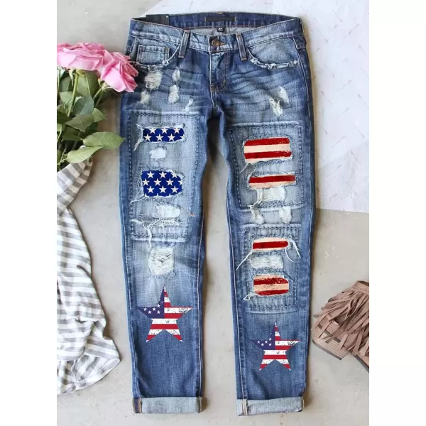 imageAstylish Womens Plaid Patch Ripped Boyfriend Distressed Stretch Skinny Denim Jeans with HoleG20 Blue