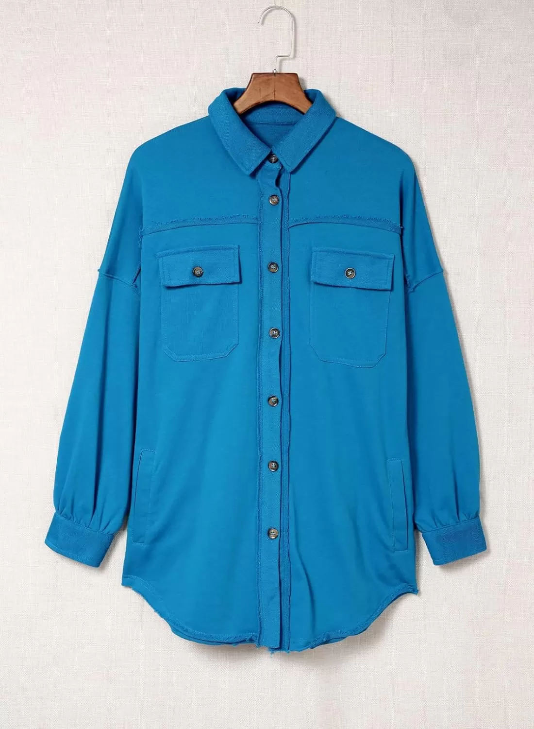 imageAstylish Women 2023 Casual Coat Long Sleeve Shacket Shirts Jacket with PocketsQ Sky Blue