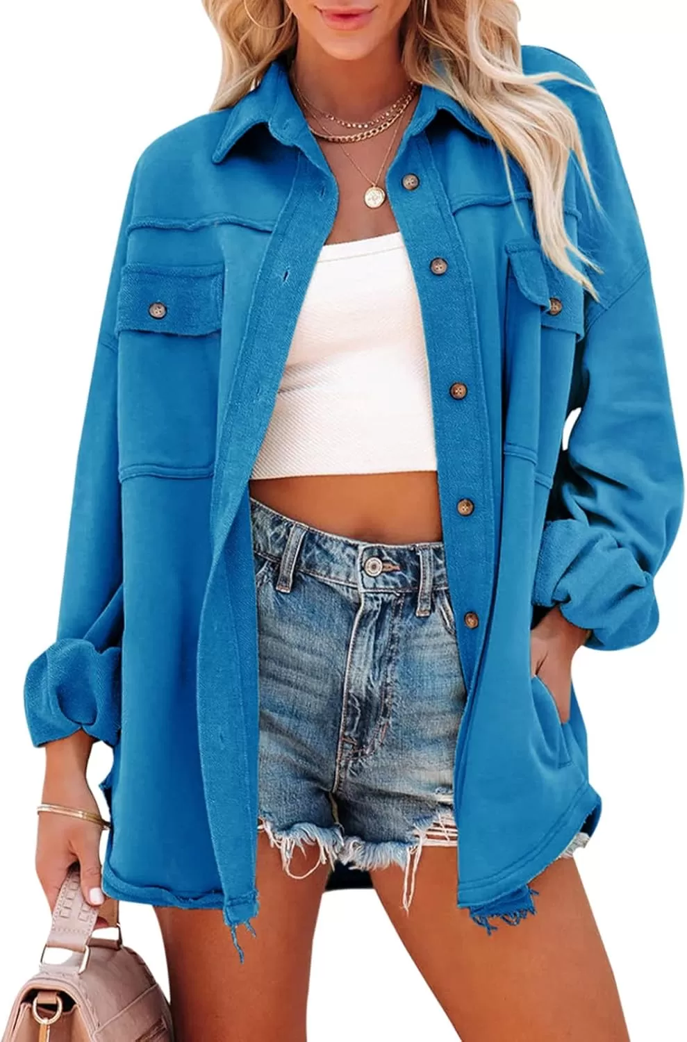 imageAstylish Women 2023 Casual Coat Long Sleeve Shacket Shirts Jacket with PocketsQ Sky Blue