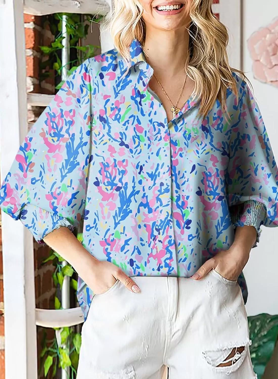 imageAstylish Women 2024 Loose VNeck Shirts Paisley Print Lantern Sleeve Blouse TopsA Blue