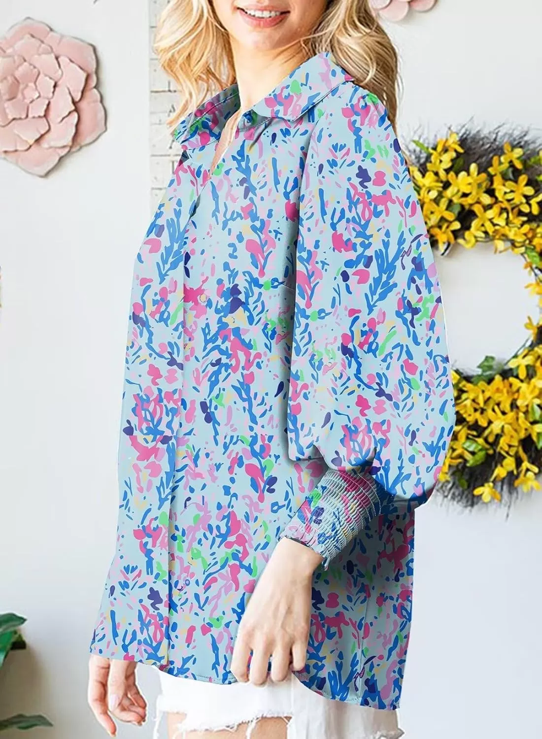 imageAstylish Women 2024 Loose VNeck Shirts Paisley Print Lantern Sleeve Blouse TopsA Blue