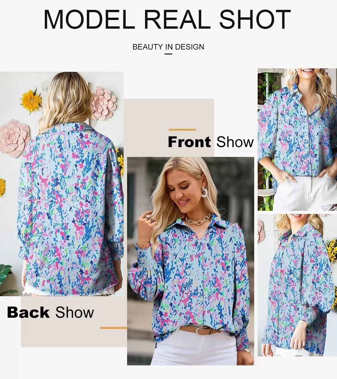 imageAstylish Women 2024 Loose VNeck Shirts Paisley Print Lantern Sleeve Blouse TopsA Blue