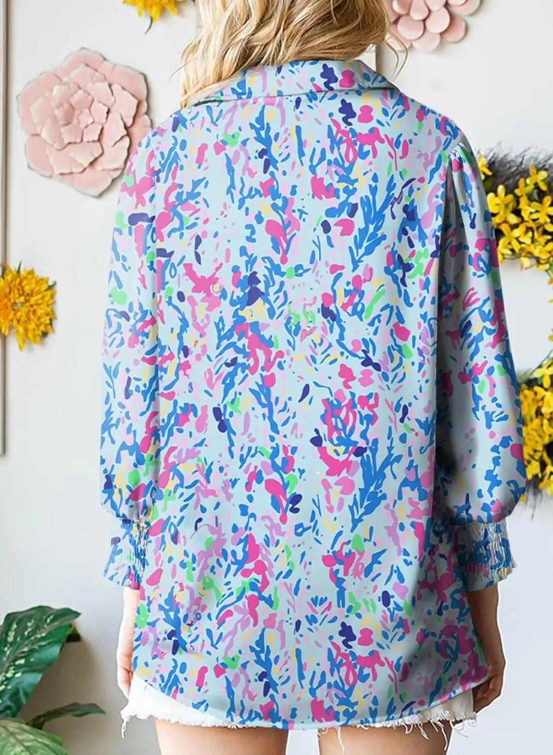 imageAstylish Women 2024 Loose VNeck Shirts Paisley Print Lantern Sleeve Blouse TopsA Blue