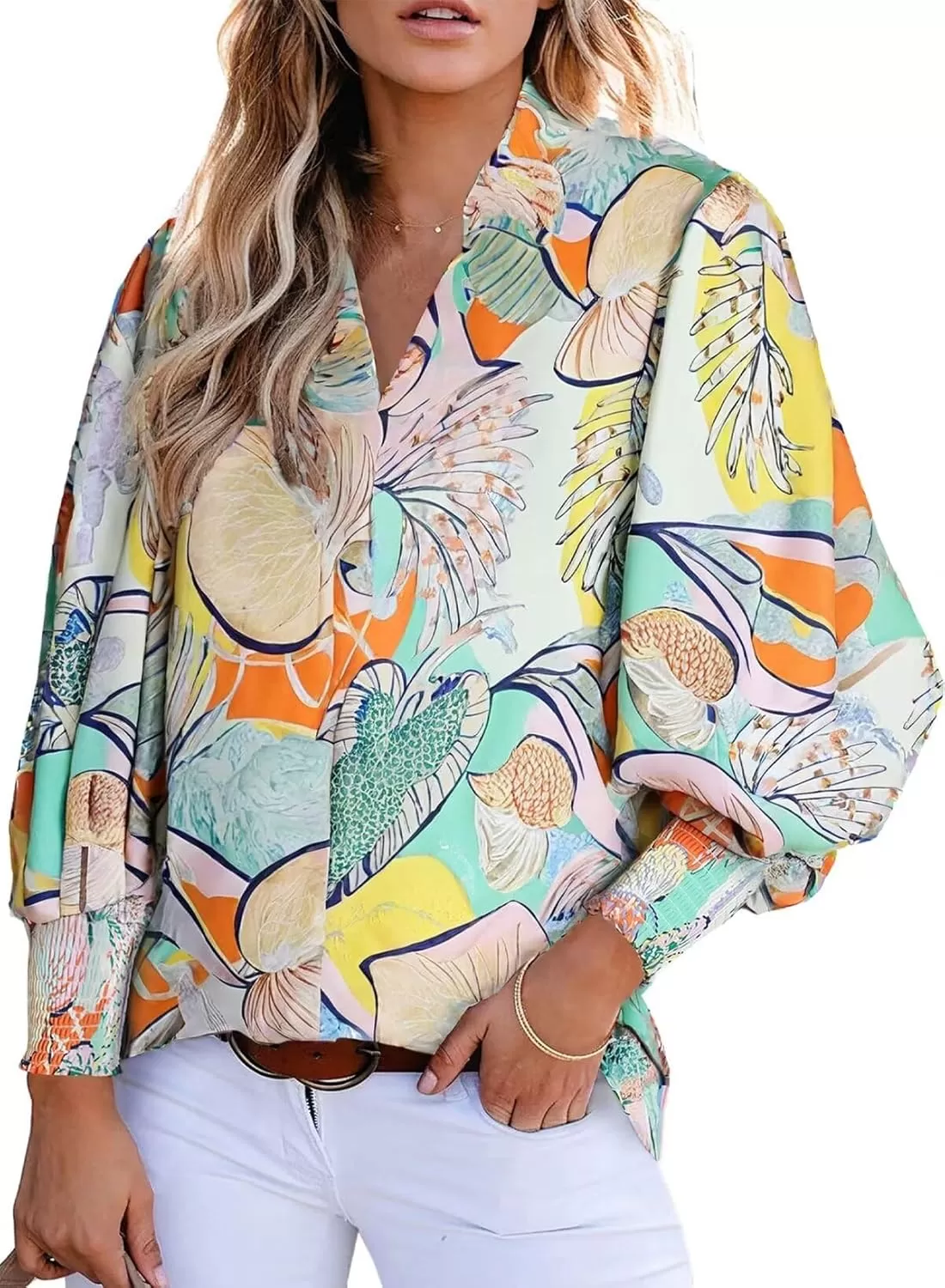 imageAstylish Women 2024 Loose VNeck Shirts Paisley Print Lantern Sleeve Blouse TopsGreen