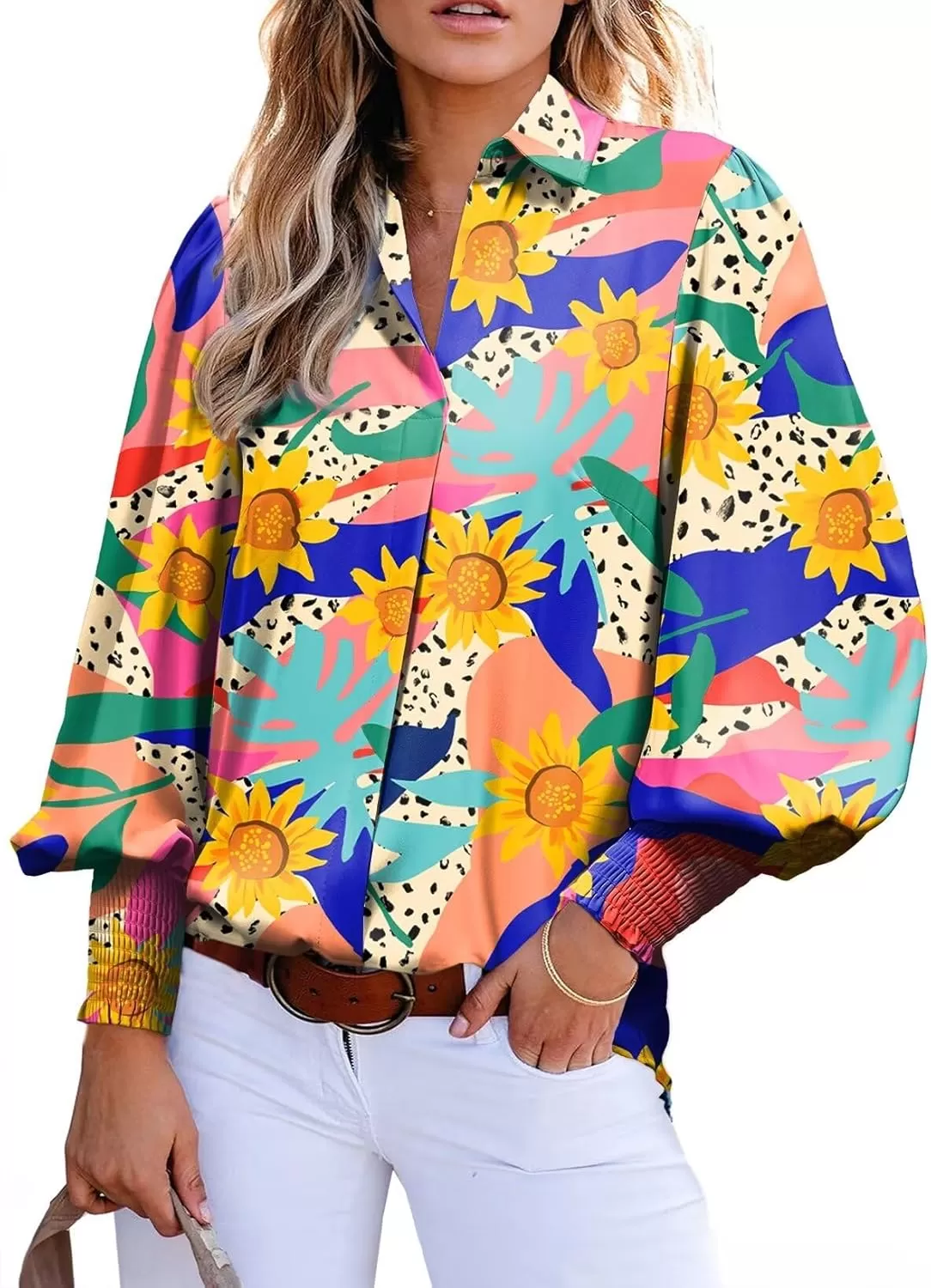 imageAstylish Women 2024 Loose VNeck Shirts Paisley Print Lantern Sleeve Blouse TopsOrange