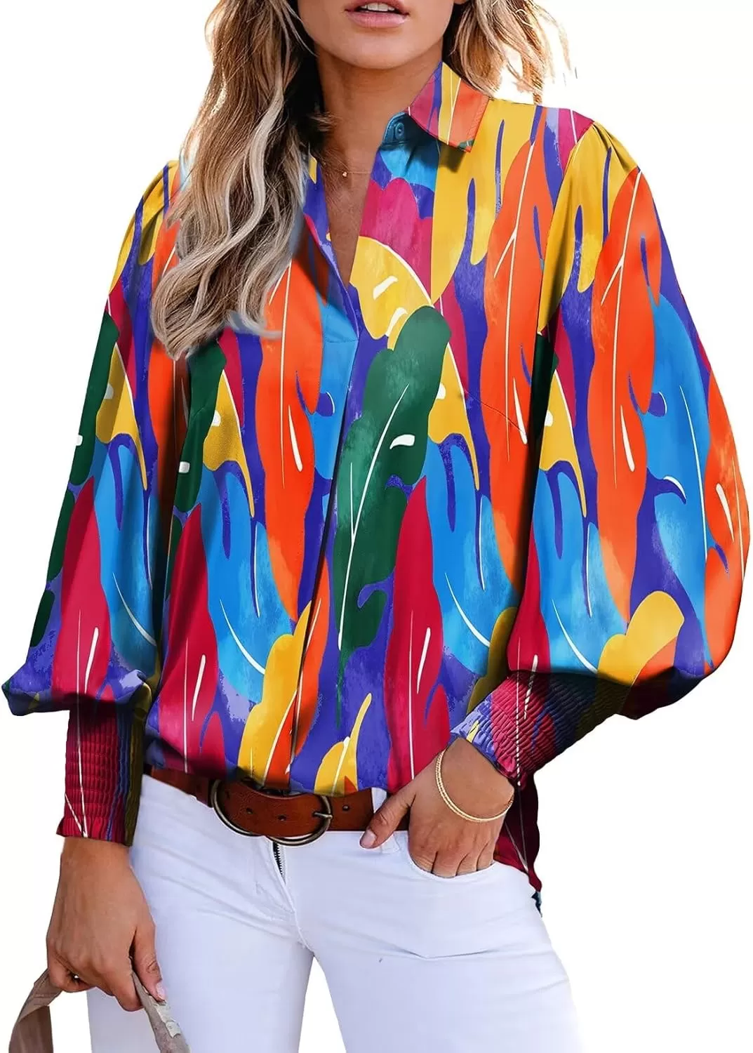 imageAstylish Women 2024 Loose VNeck Shirts Paisley Print Lantern Sleeve Blouse TopsPink