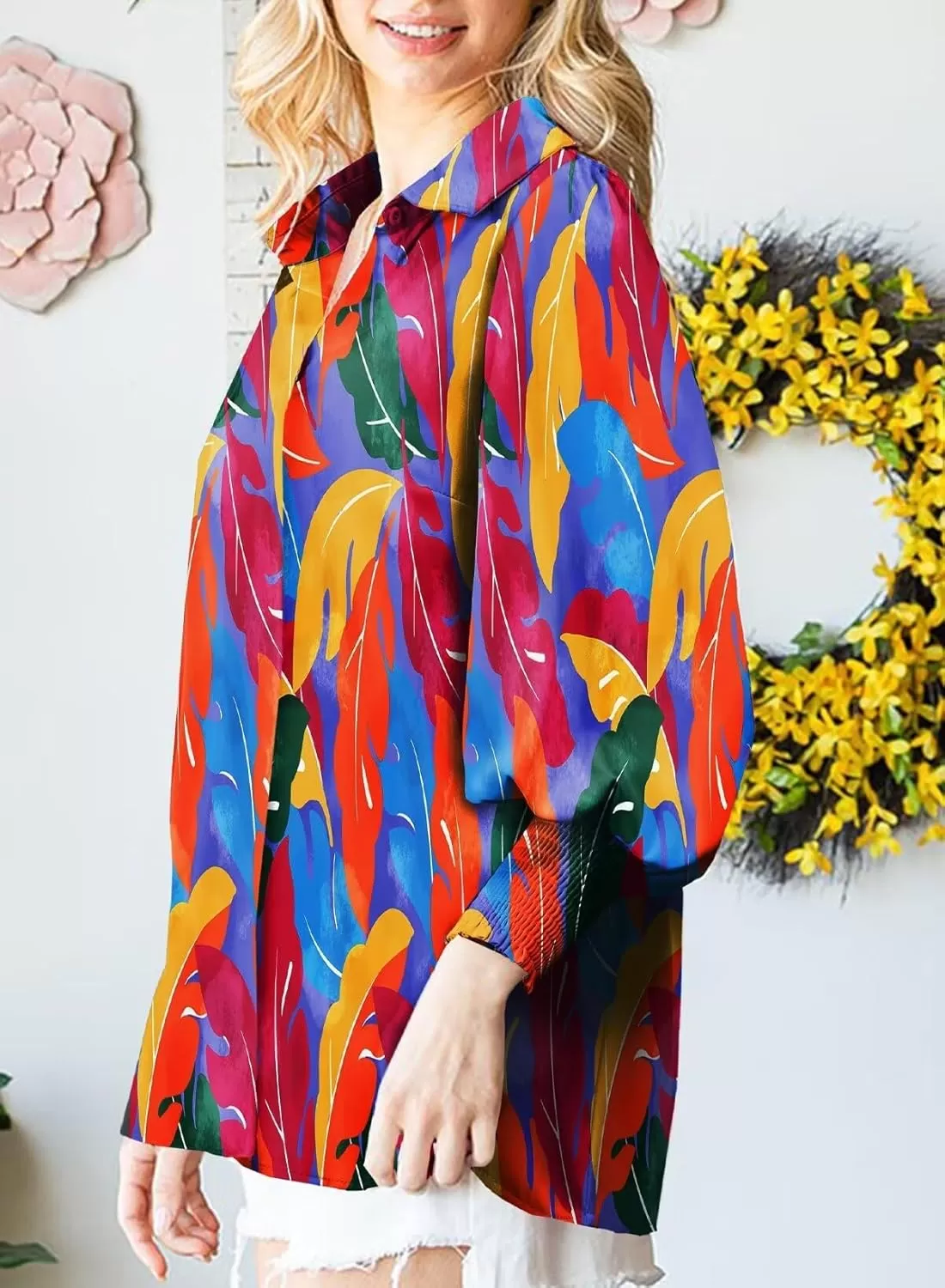 imageAstylish Women 2024 Loose VNeck Shirts Paisley Print Lantern Sleeve Blouse TopsPink
