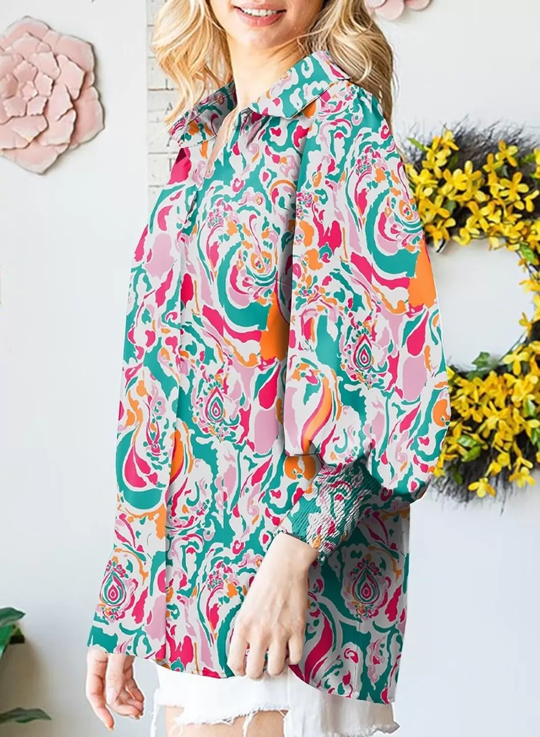 imageAstylish Women 2024 Loose VNeck Shirts Paisley Print Lantern Sleeve Blouse TopsRed