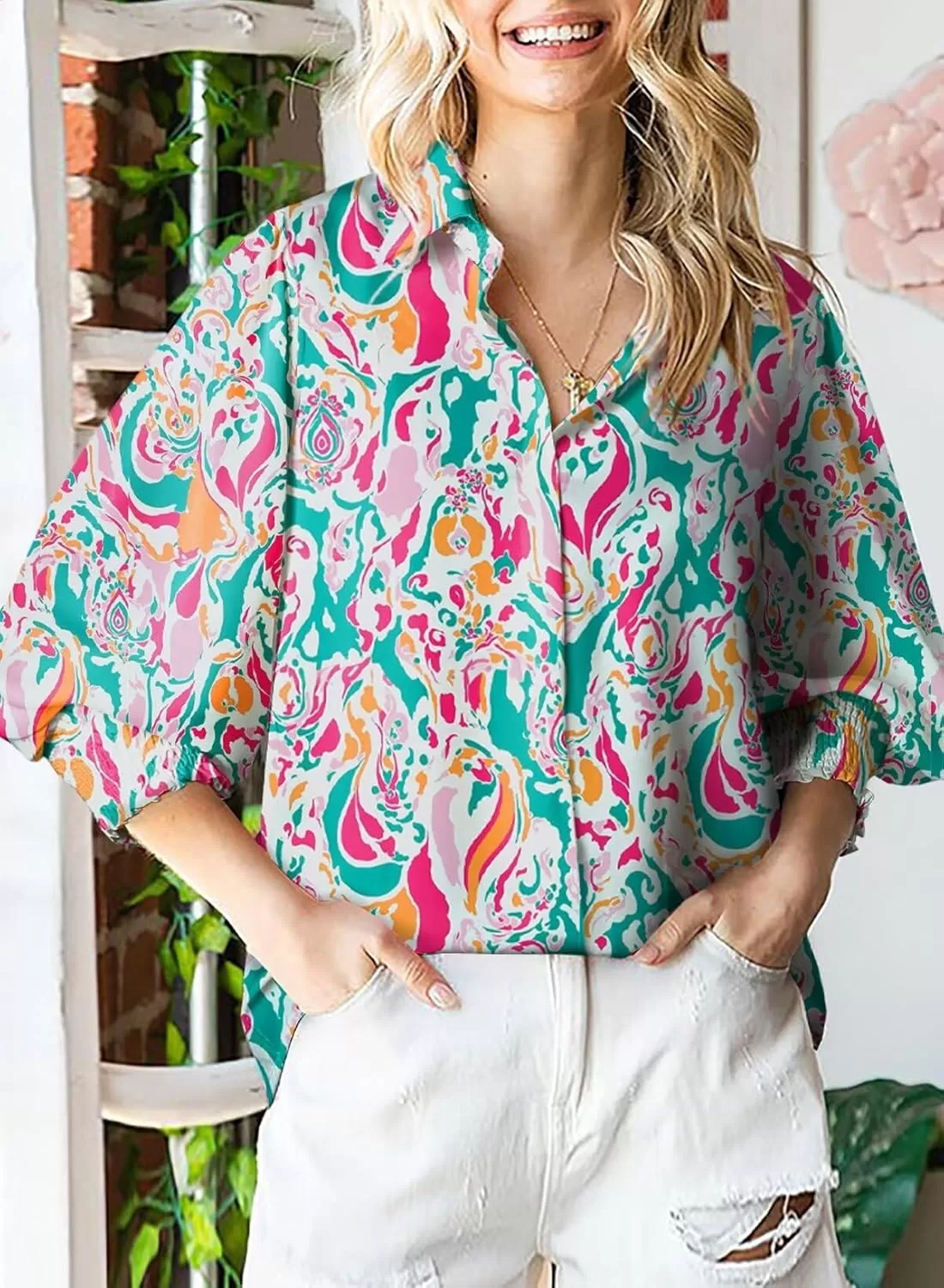 imageAstylish Women 2024 Loose VNeck Shirts Paisley Print Lantern Sleeve Blouse TopsRed