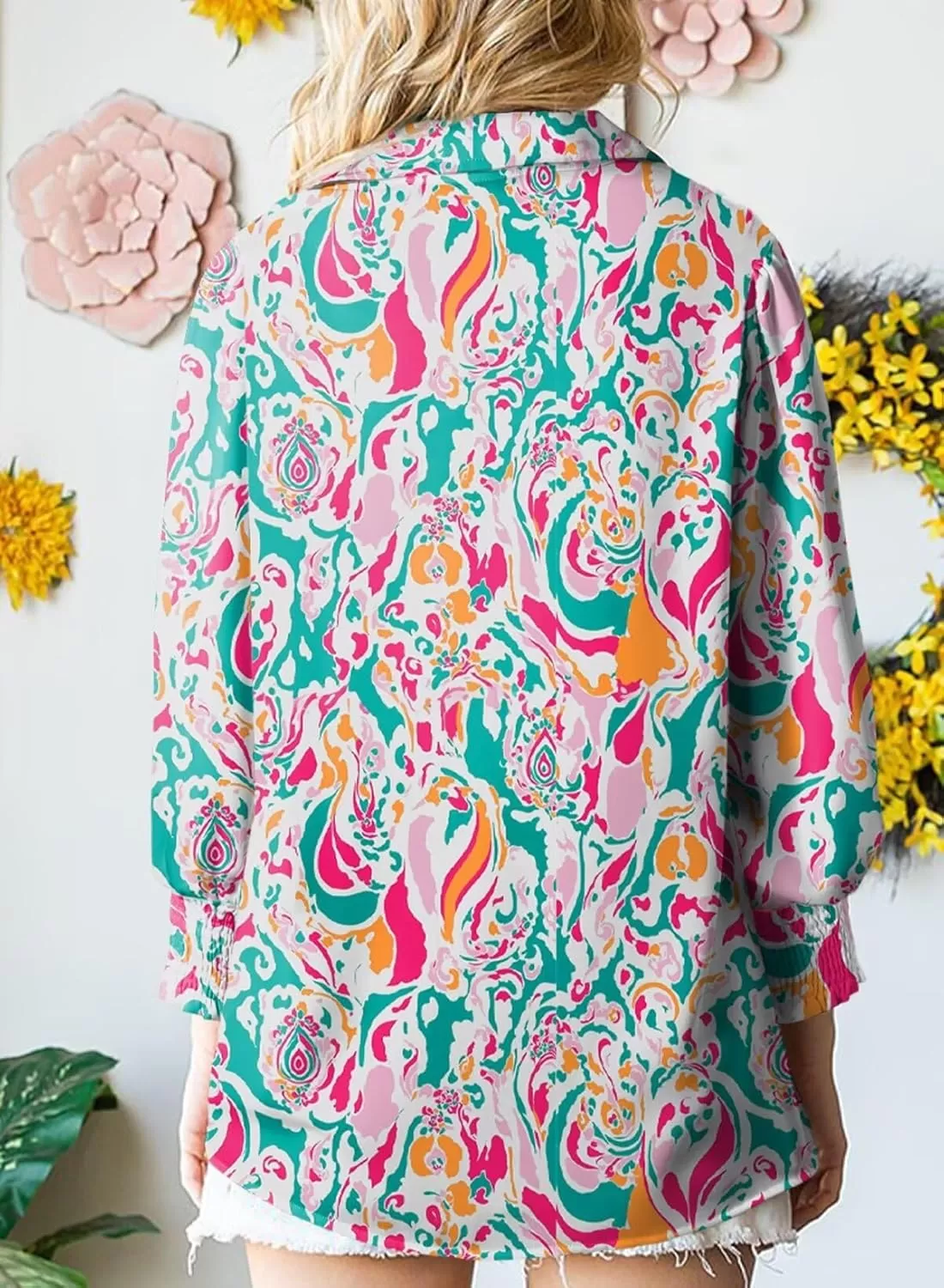 imageAstylish Women 2024 Loose VNeck Shirts Paisley Print Lantern Sleeve Blouse TopsRed