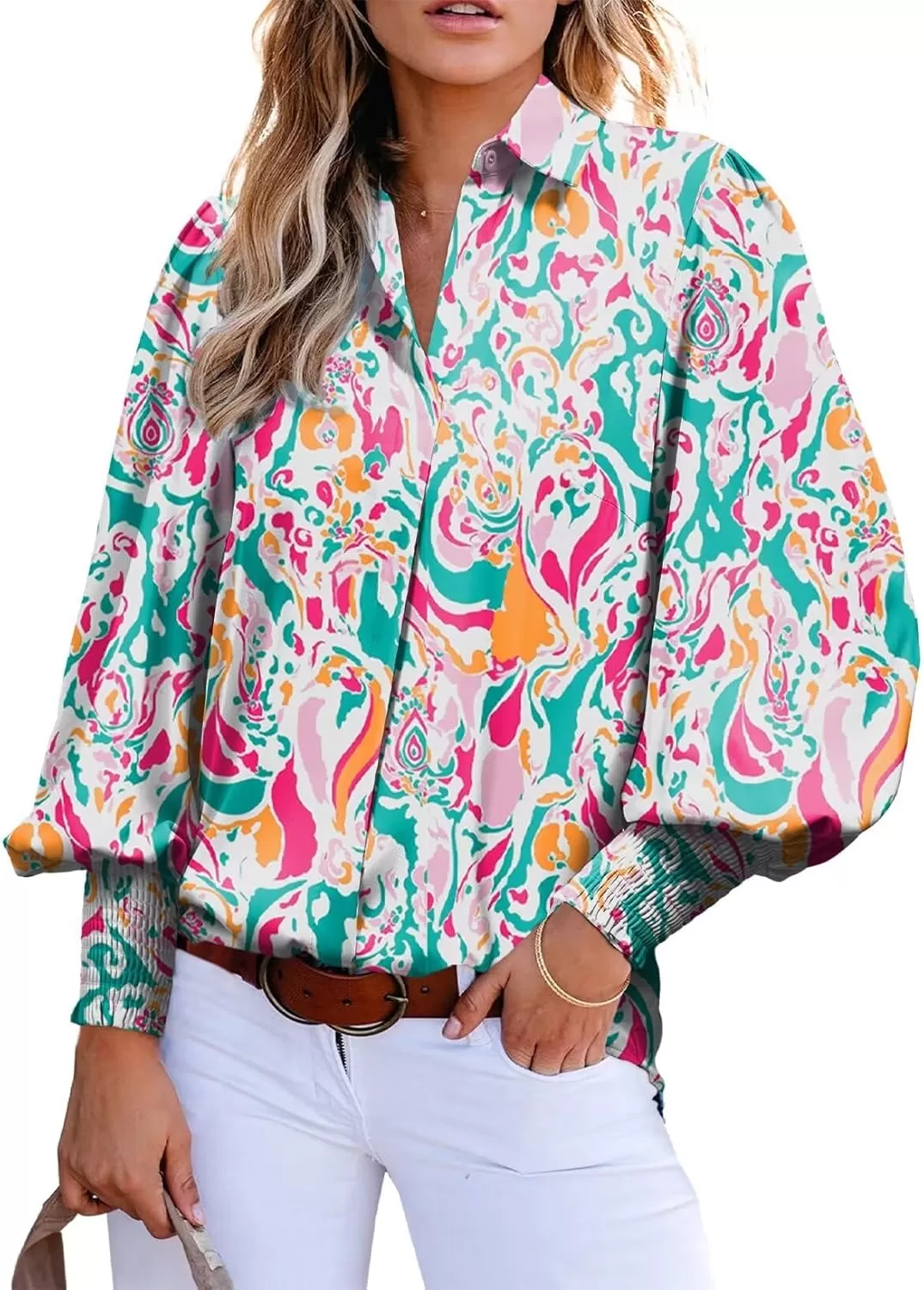 imageAstylish Women 2024 Loose VNeck Shirts Paisley Print Lantern Sleeve Blouse TopsRed