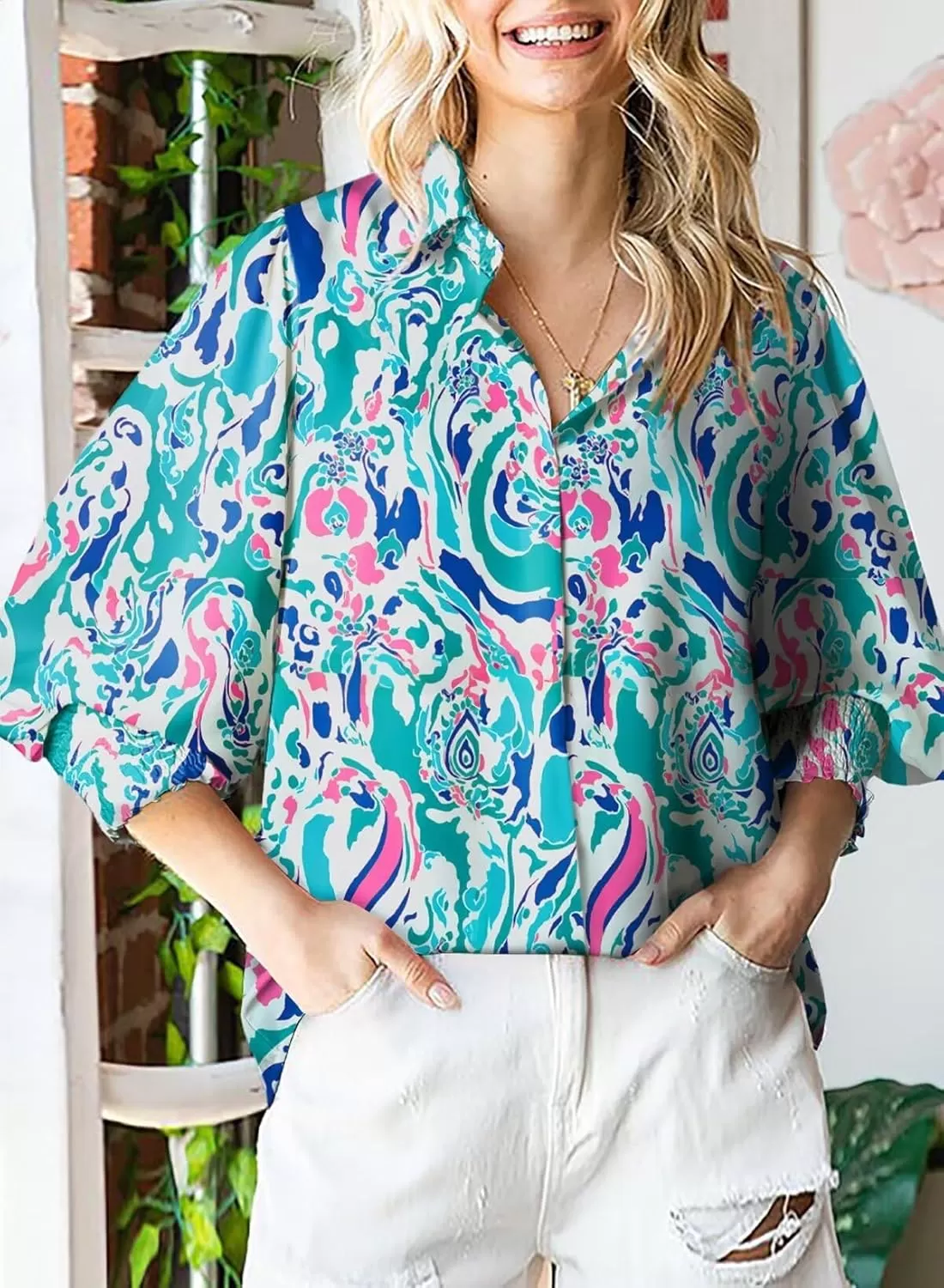imageAstylish Women 2024 Loose VNeck Shirts Paisley Print Lantern Sleeve Blouse TopsSky Blue
