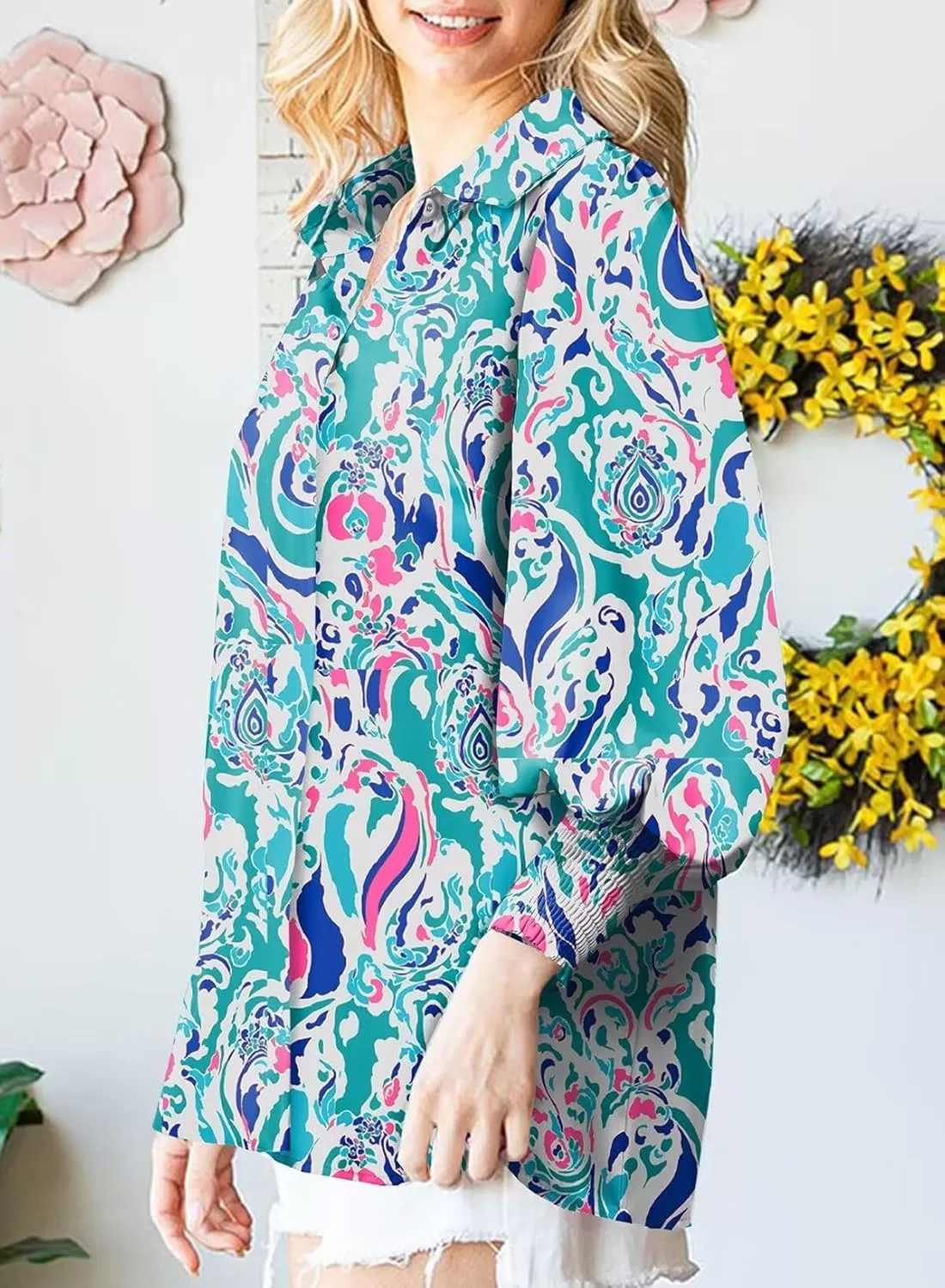 imageAstylish Women 2024 Loose VNeck Shirts Paisley Print Lantern Sleeve Blouse TopsSky Blue