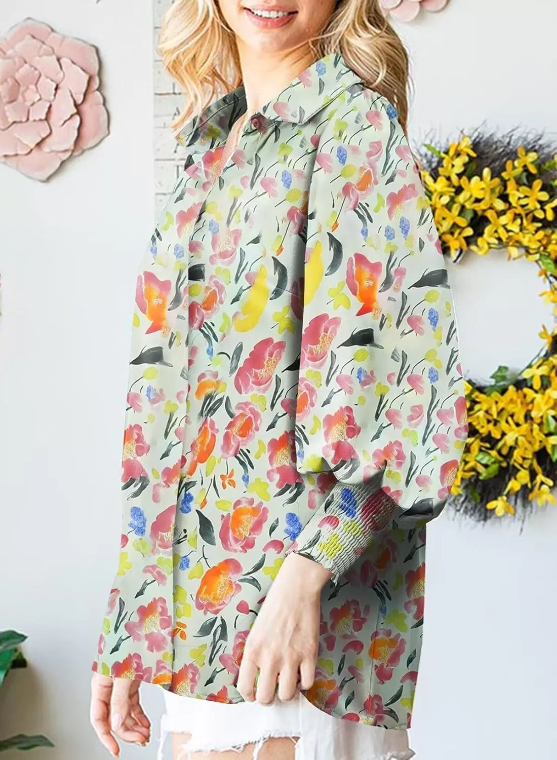 imageAstylish Women 2024 Loose VNeck Shirts Paisley Print Lantern Sleeve Blouse TopsYellow