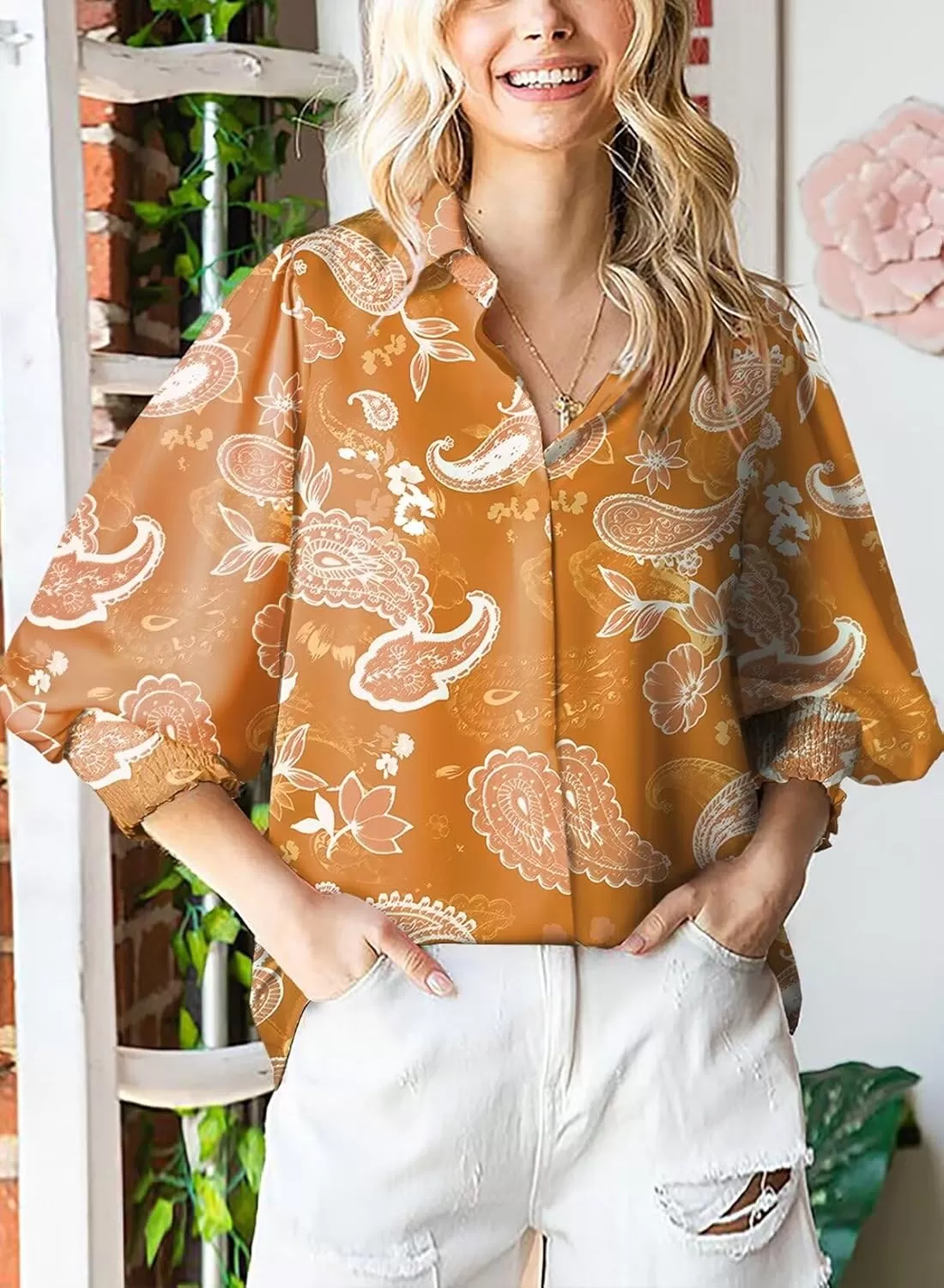 imageAstylish Women 2024 Loose VNeck Shirts Paisley Print Lantern Sleeve Blouse TopsZa Apricot