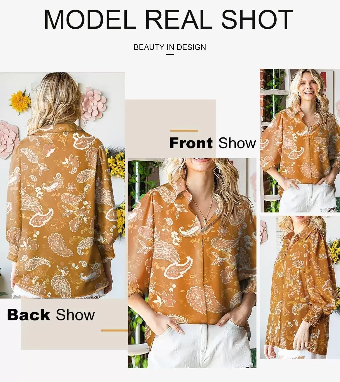 imageAstylish Women 2024 Loose VNeck Shirts Paisley Print Lantern Sleeve Blouse TopsZa Apricot