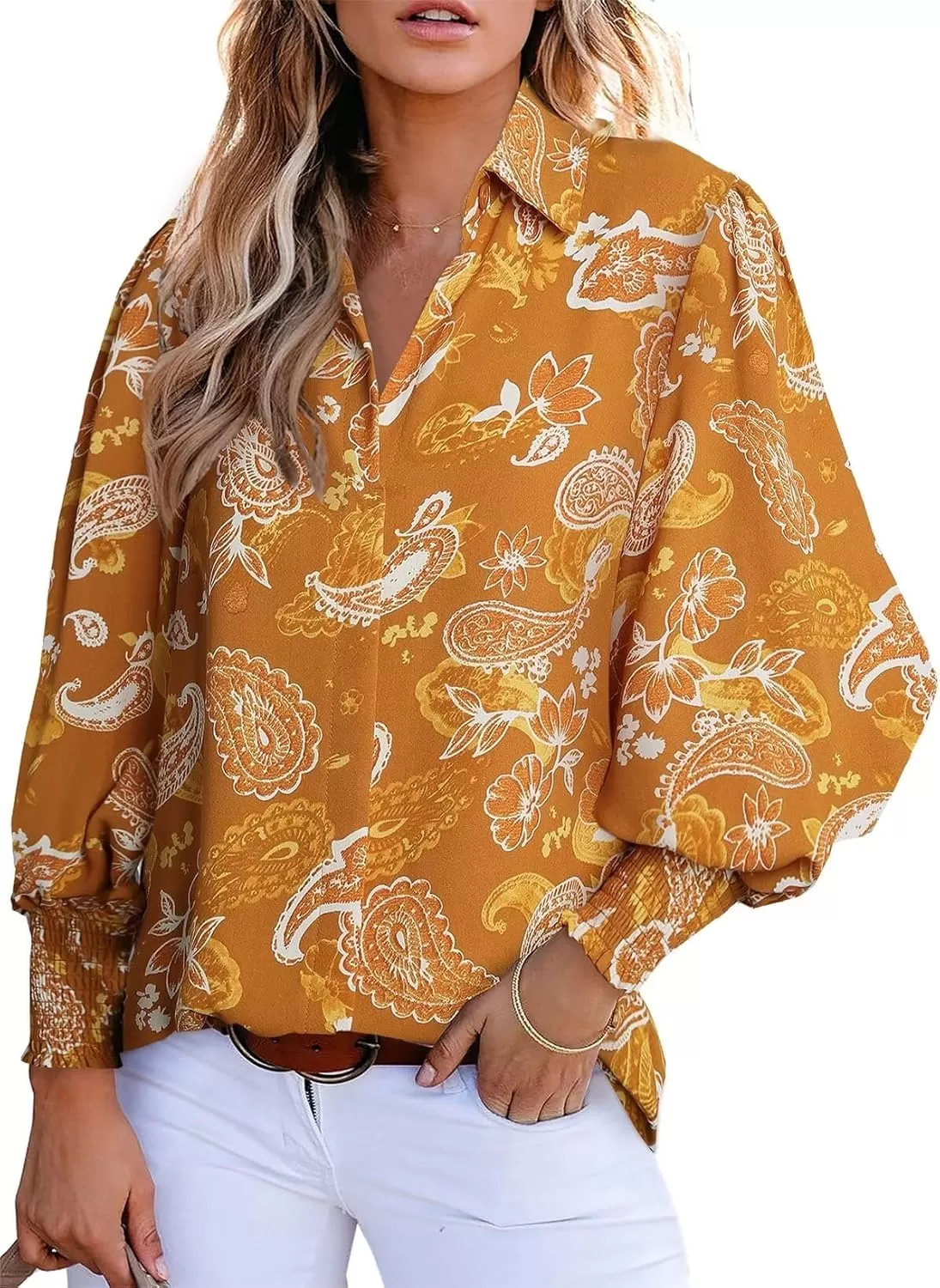 imageAstylish Women 2024 Loose VNeck Shirts Paisley Print Lantern Sleeve Blouse TopsZa Apricot