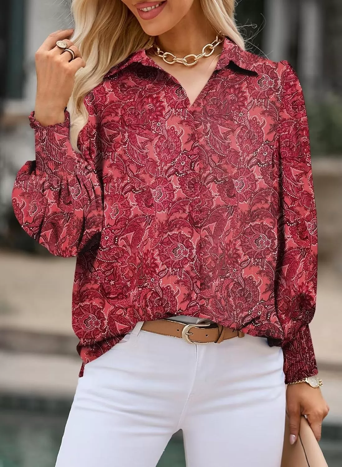 imageAstylish Women 2024 Loose VNeck Shirts Paisley Print Lantern Sleeve Blouse TopsZa Dark Red