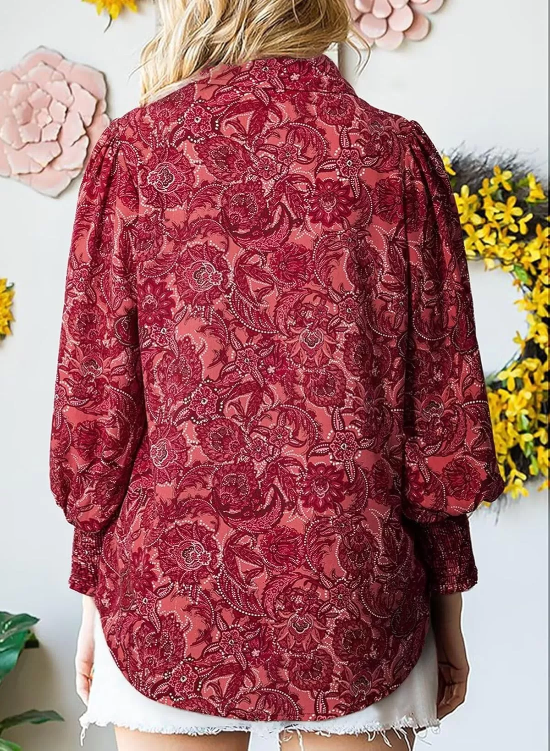 imageAstylish Women 2024 Loose VNeck Shirts Paisley Print Lantern Sleeve Blouse TopsZa Dark Red